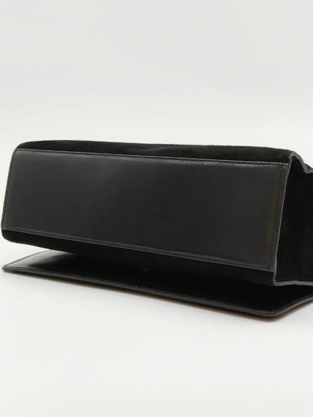 Gucci Vintage Black Suede Shoulder Bag Gold Tone Bar Top Minimalist Evening Bag